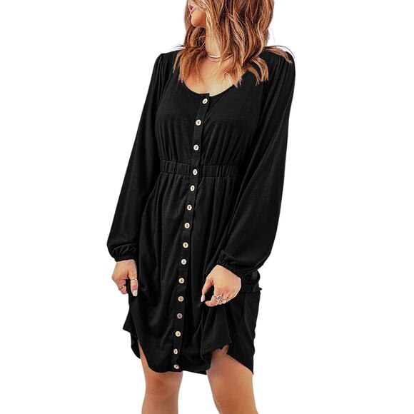 Black Button Up High Waist Long Sleeve Dress New Sizes S, M. L, XL, 2XL - Picture 8 of 12